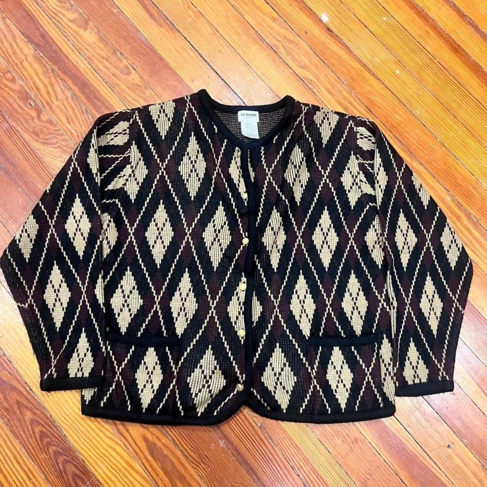 1990s Liz Baker Argyle Knit Cardigan size M